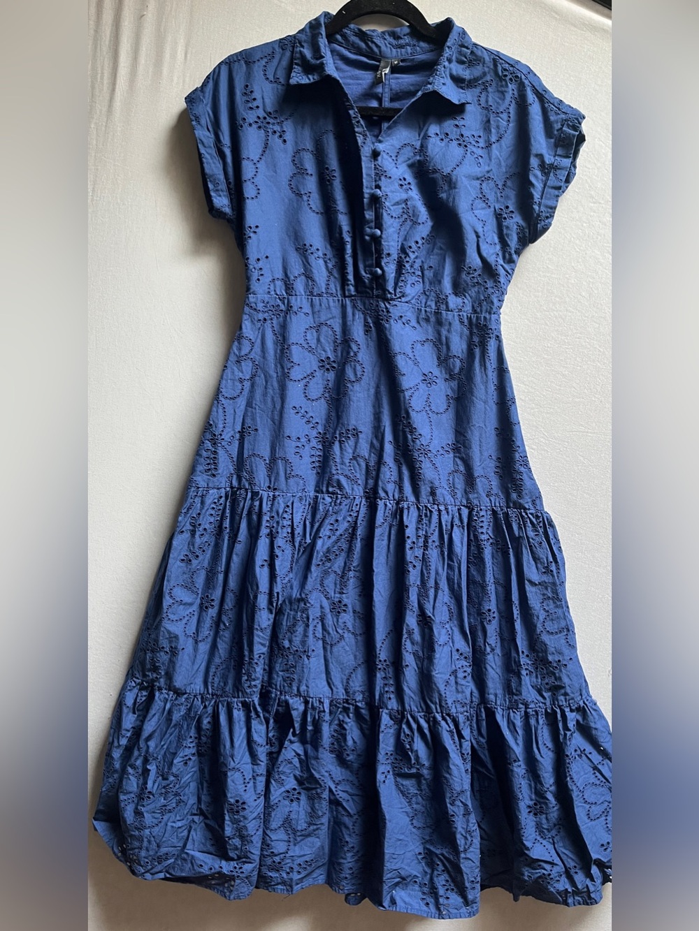 L.O.V Eyelet Tiered Shirt Dress Floral Cutwork Midi Royal Blue Broderie Anglaise